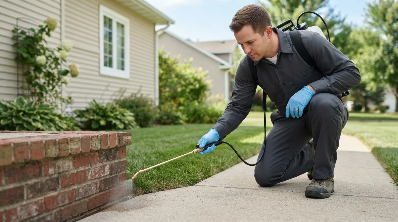 Pest control technician treating a home near Ophiem, IL